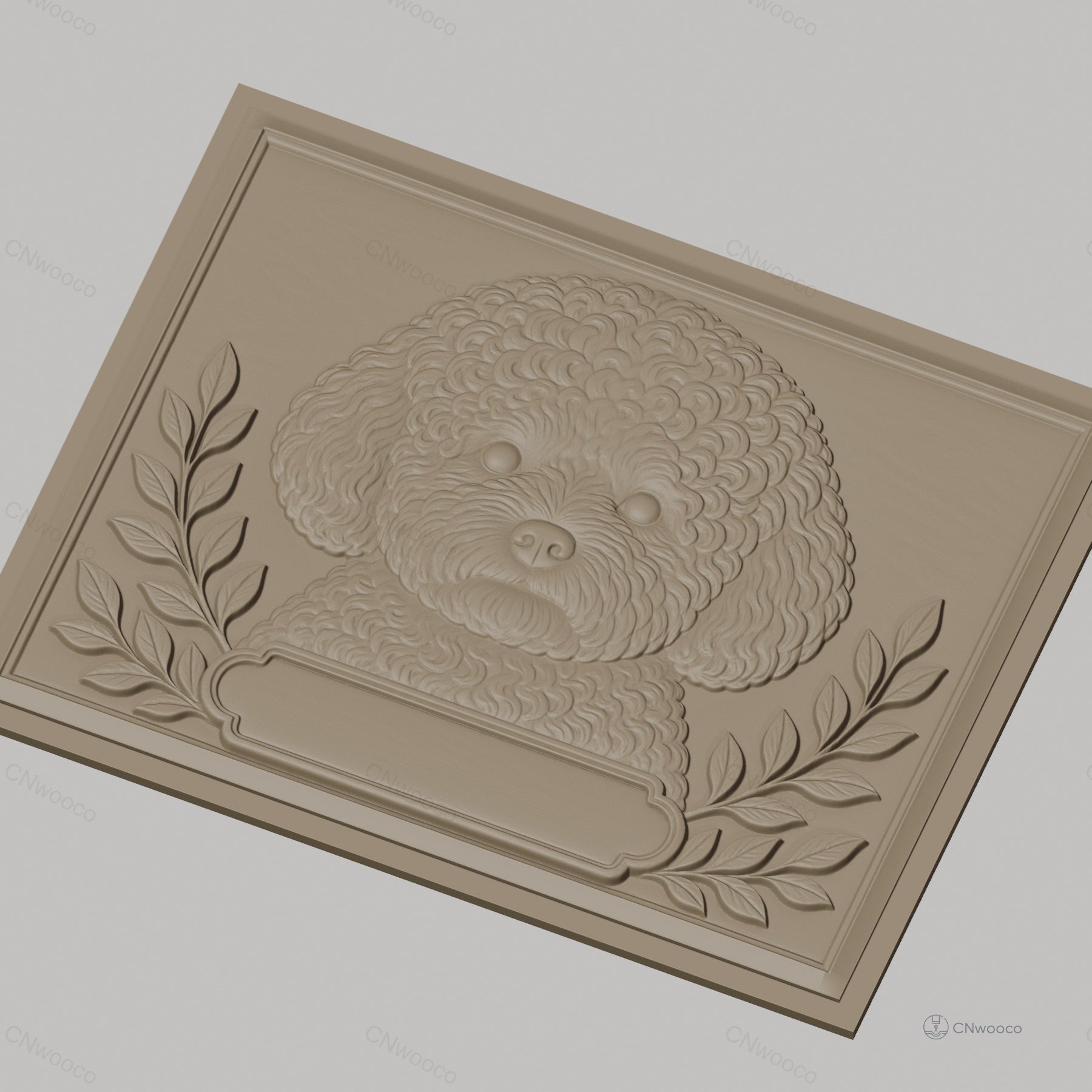 Fichier CNC & impression 3D chien caniche, relief avec feuilles décoratives, haute qualité relief STL