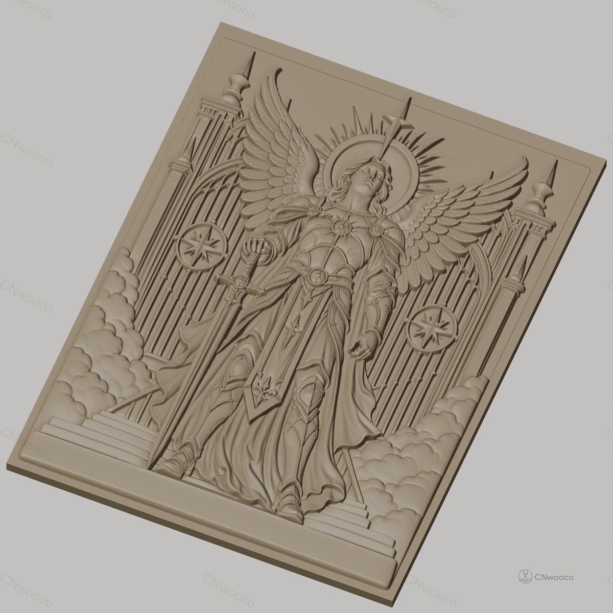 Fichier CNC & impression 3D ange guerrier, épée, ailes, portail céleste haute qualité relief STL