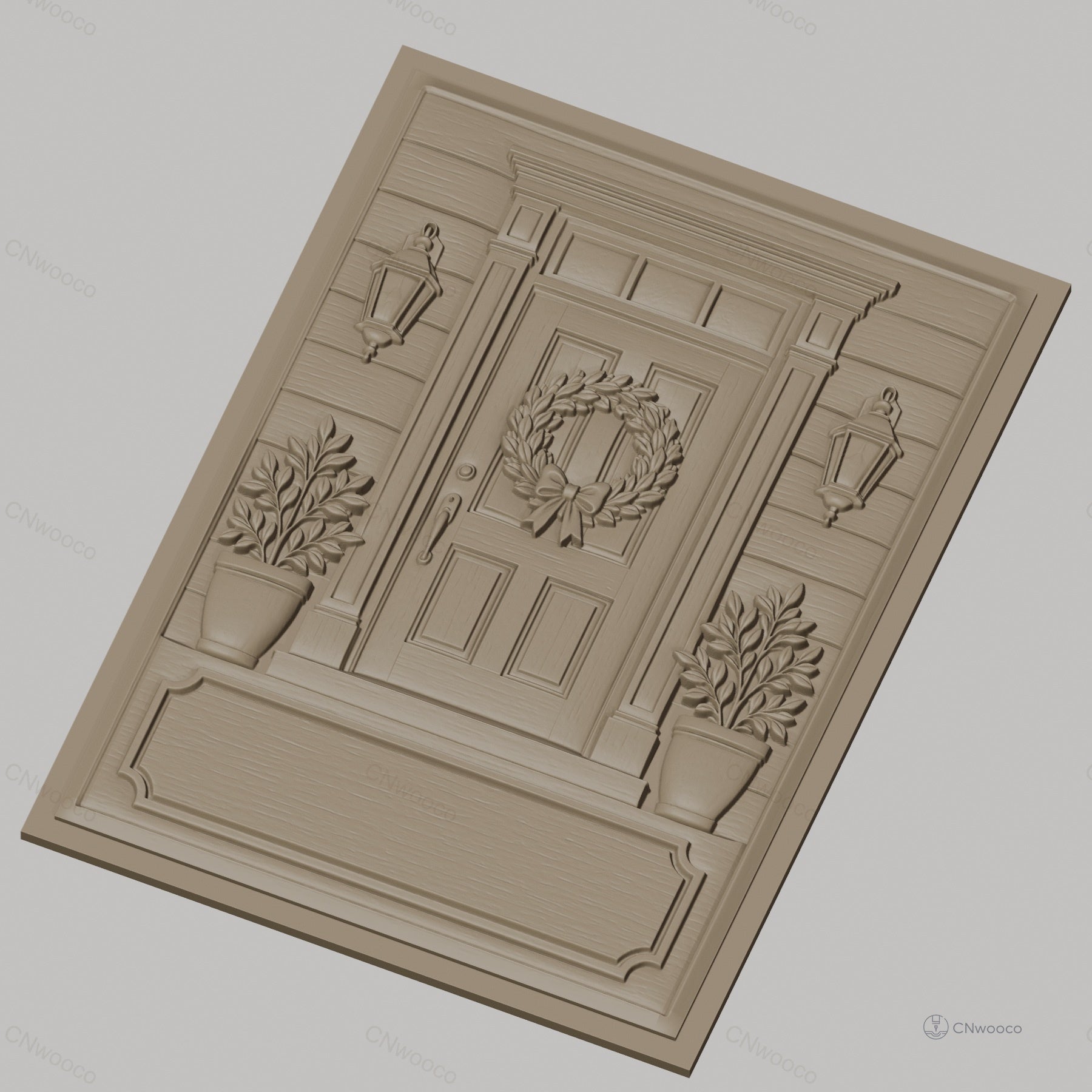 Fichier CNC & impression 3D porte d'entrée avec couronne de feuilles et pots de fleurs, haute qualité relief STL