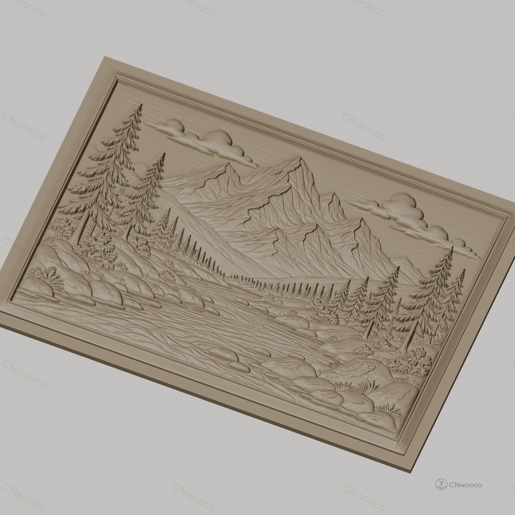 Fichier CNC & impression 3D paysage montagne rivière sapins haute qualité relief STL