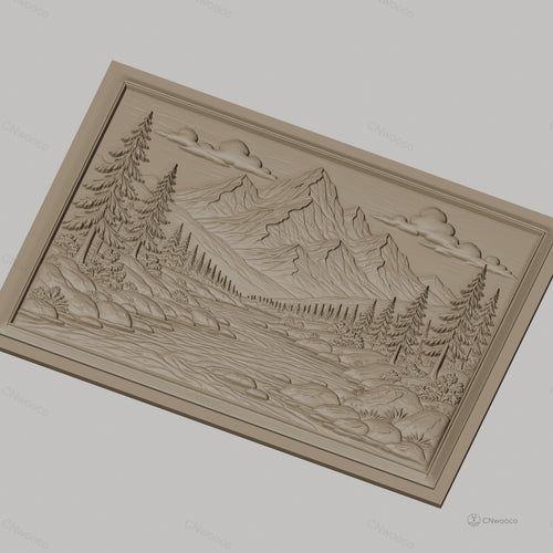 Fichier CNC & impression 3D paysage montagne rivière sapins haute qualité relief STL