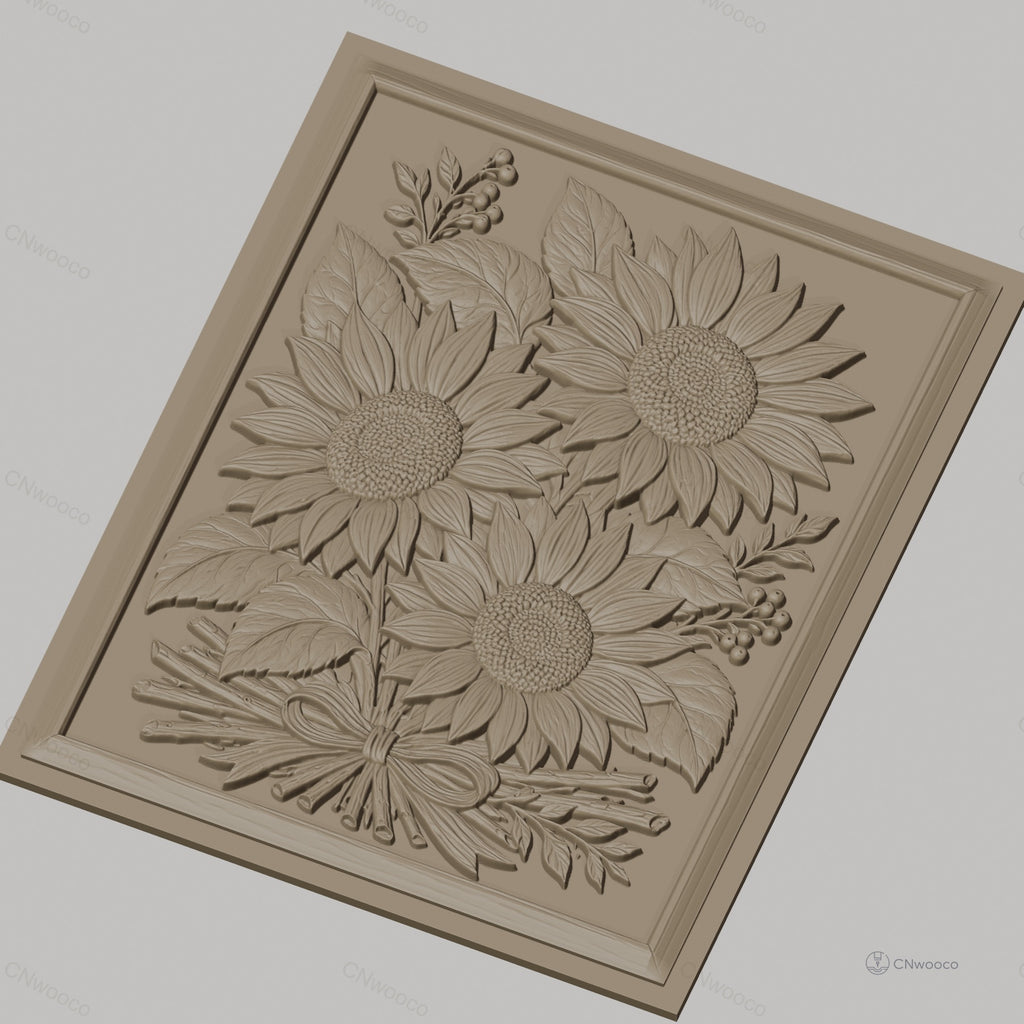 Fichier CNC & impression 3D bouquet de tournesols, feuilles et nœud de bois, haute qualité relief STL