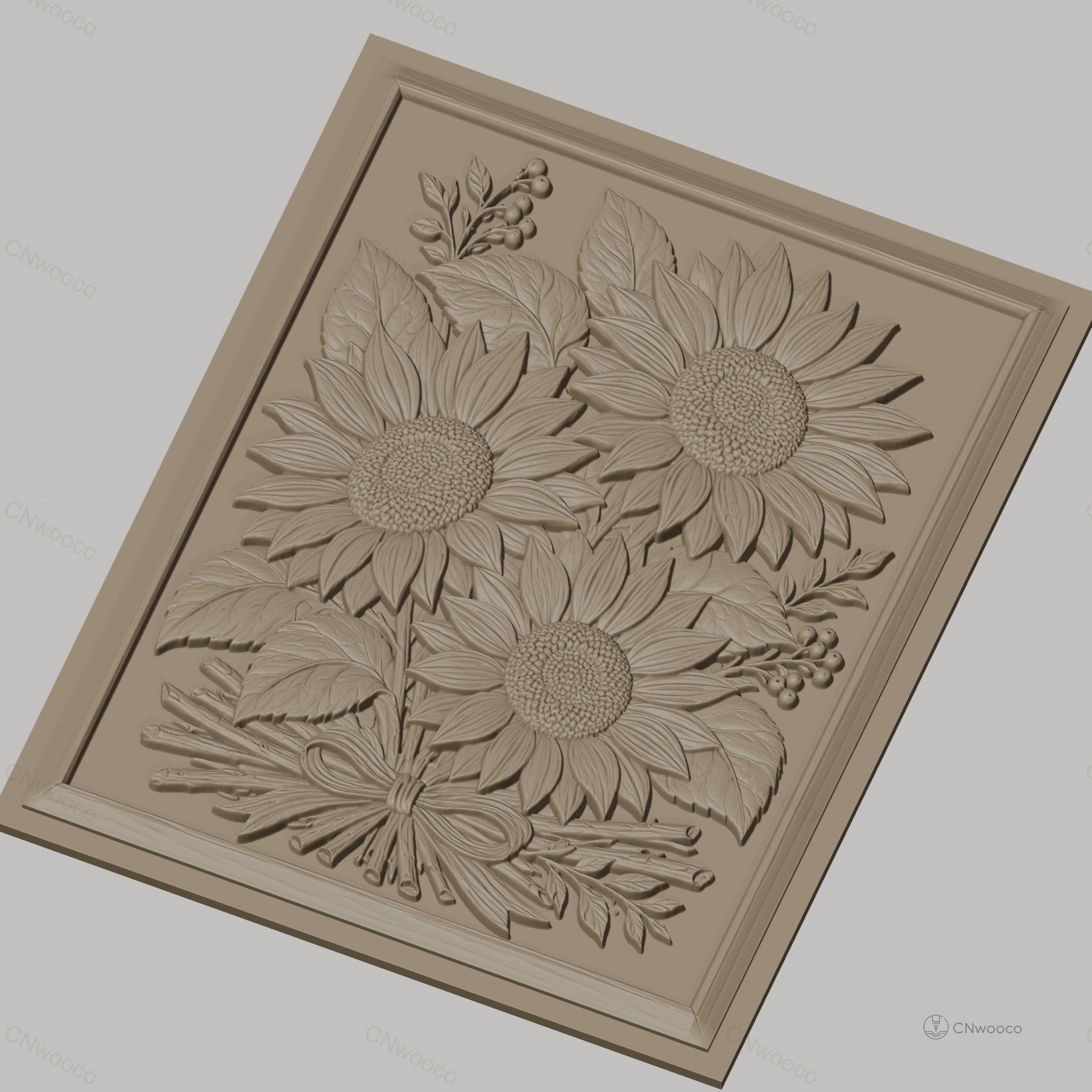 Fichier CNC & impression 3D bouquet de tournesols, feuilles et nœud de bois, haute qualité relief STL
