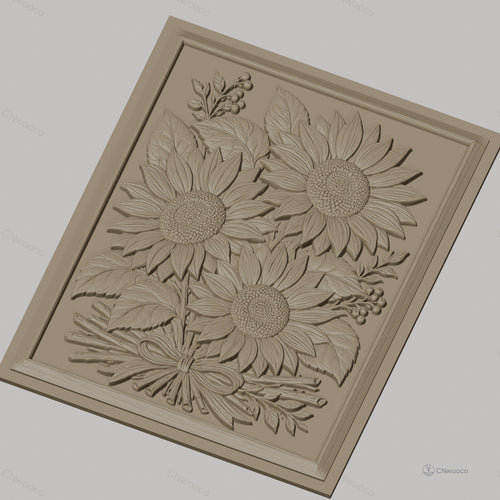 Fichier CNC & impression 3D bouquet de tournesols, feuilles et nœud de bois, haute qualité relief STL