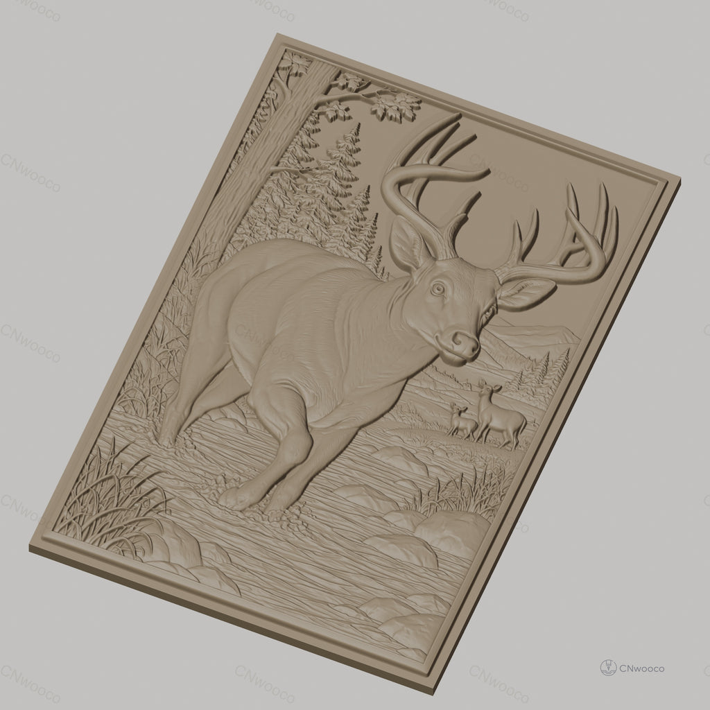 Fichier CNC & impression 3D cerf dans rivière, forêt, paysage montagneux, haute qualité relief STL