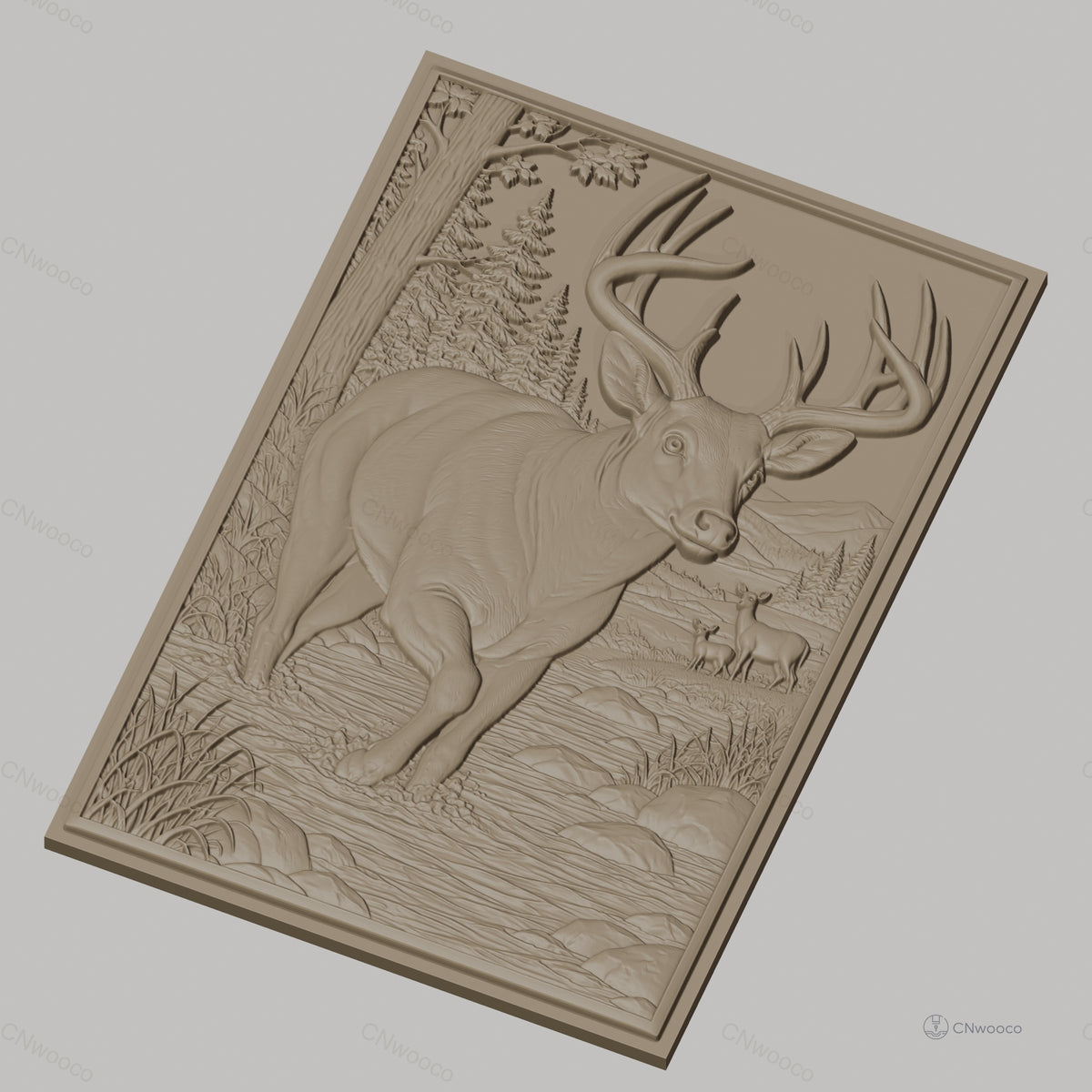 Fichier CNC & impression 3D cerf dans rivière, forêt, paysage montagneux, haute qualité relief STL