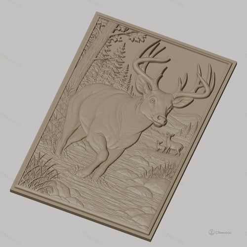 Fichier CNC & impression 3D cerf dans rivière, forêt, paysage montagneux, haute qualité relief STL