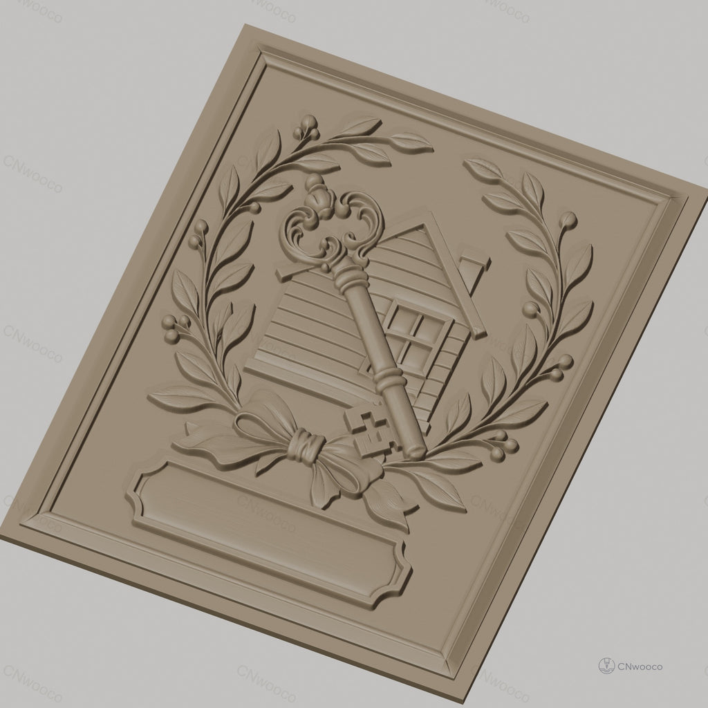 Fichier CNC & impression 3D clé vintage et maison avec couronne de feuilles, haute qualité relief STL