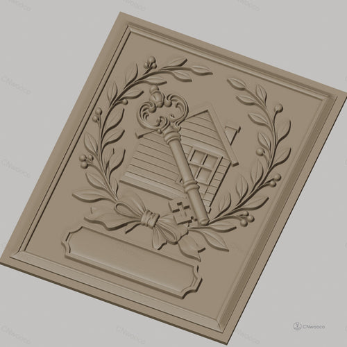Fichier CNC & impression 3D clé vintage et maison avec couronne de feuilles, haute qualité relief STL