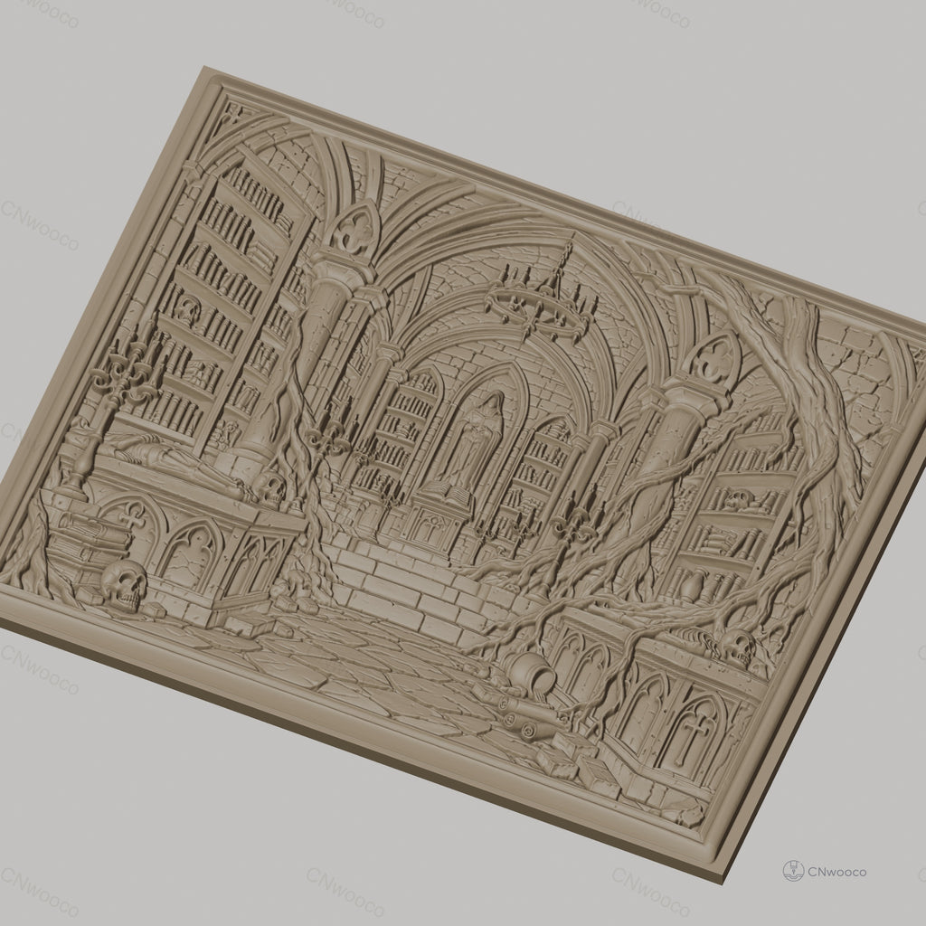 Fichier CNC & impression 3D bibliothèque gothique avec crânes, tombeaux et racines, haute qualité relief STL