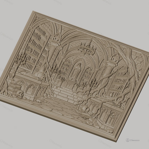 Fichier CNC & impression 3D bibliothèque gothique avec crânes, tombeaux et racines, haute qualité relief STL