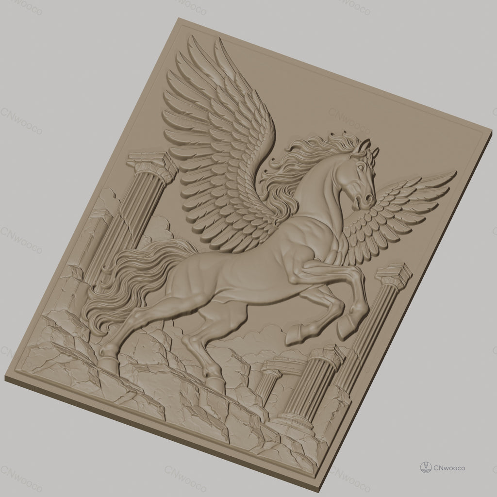 Fichier CNC & impression 3D Pégase légendaire avec colonnes grecques ruines, haute qualité relief STL