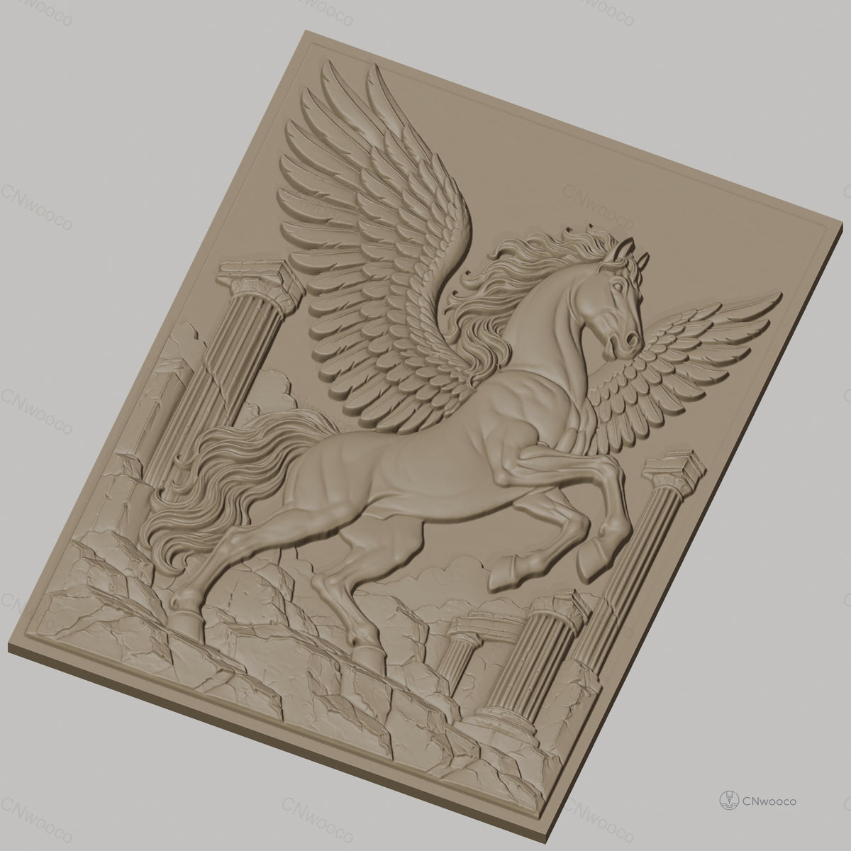 Fichier CNC & impression 3D Pégase légendaire avec colonnes grecques ruines, haute qualité relief STL
