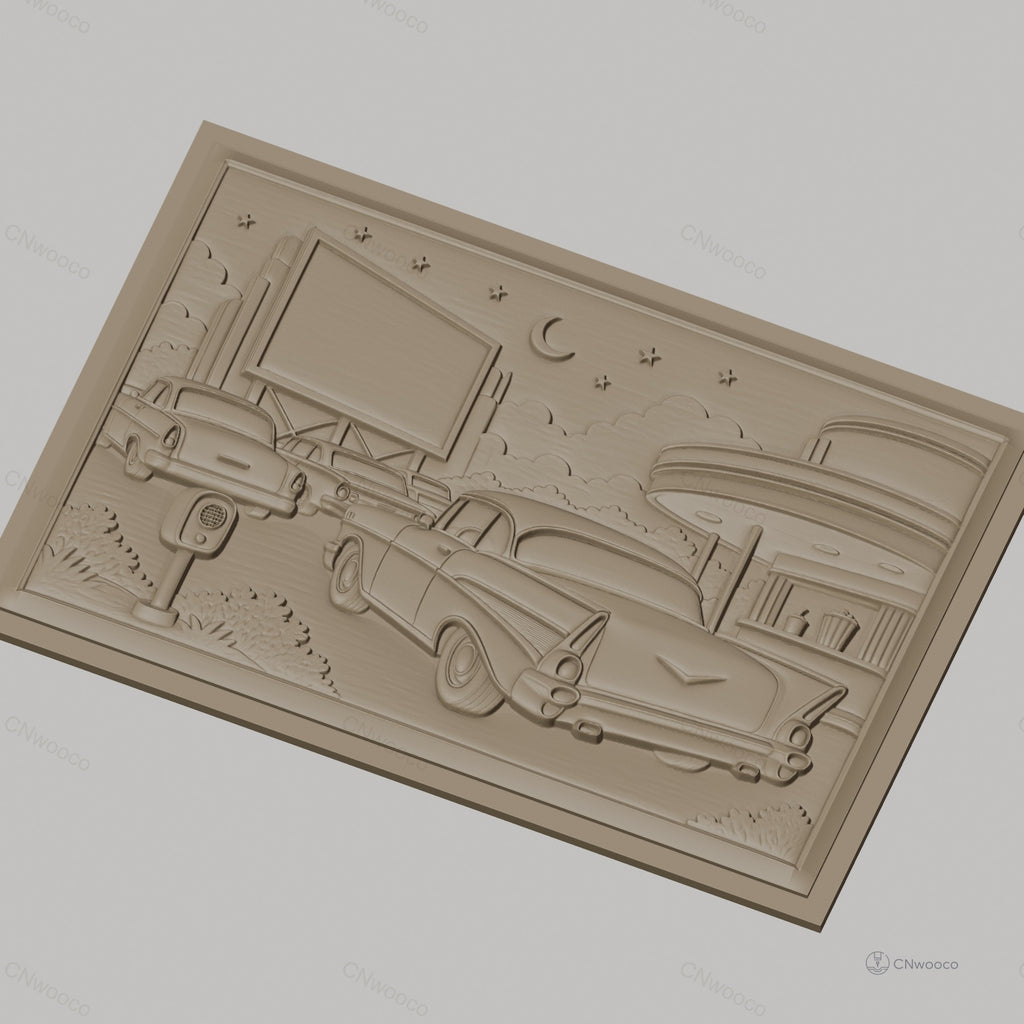 Fichier CNC & impression 3D scène drive-in rétro avec voitures vintage, panneau publicitaire et kiosque, haute qualité relief STL