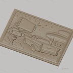 Fichier CNC & impression 3D scène drive-in rétro avec voitures vintage, panneau publicitaire et kiosque, haute qualité relief STL