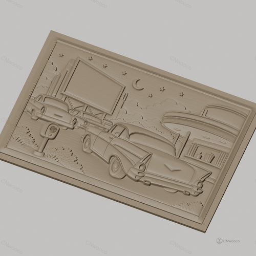 Fichier CNC & impression 3D scène drive-in rétro avec voitures vintage, panneau publicitaire et kiosque, haute qualité relief STL