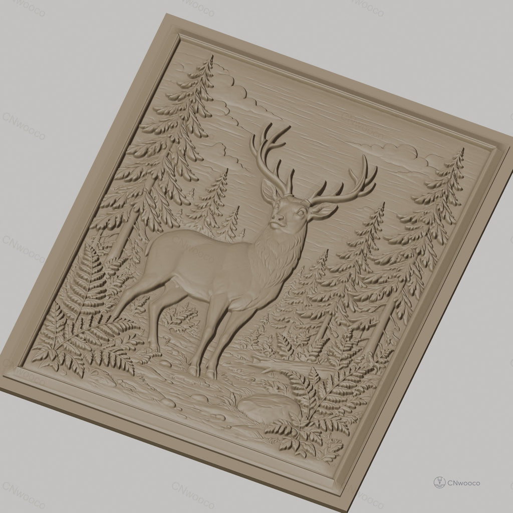 Fichier CNC & impression 3D cerf dans forêt avec fougères et rochers, haute qualité relief STL