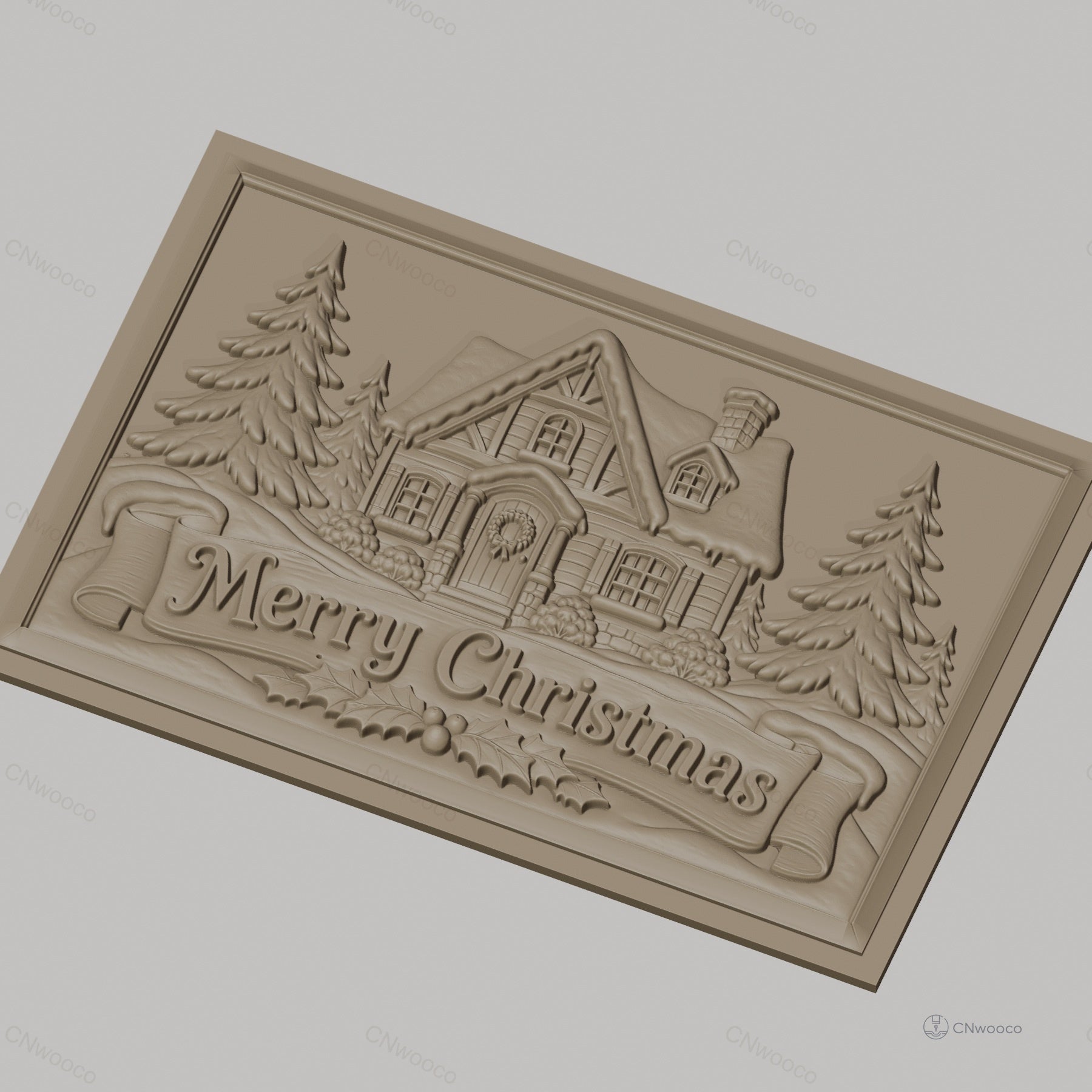 Fichier CNC & impression 3D chalet de Noël, sapins et bannière Merry Christmas, haute qualité relief STL