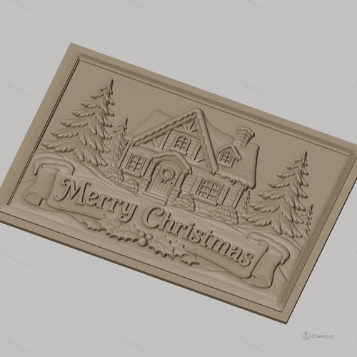 Fichier CNC & impression 3D chalet de Noël, sapins et bannière Merry Christmas, haute qualité relief STL