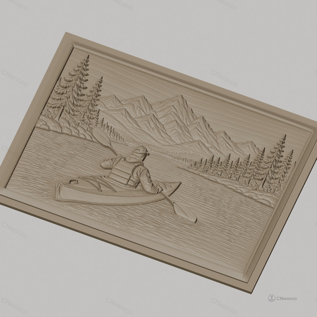 Fichier CNC & impression 3D Kayakiste en rivière, montagnes et pins, haute qualité relief STL