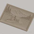 Fichier CNC & impression 3D Kayakiste en rivière, montagnes et pins, haute qualité relief STL