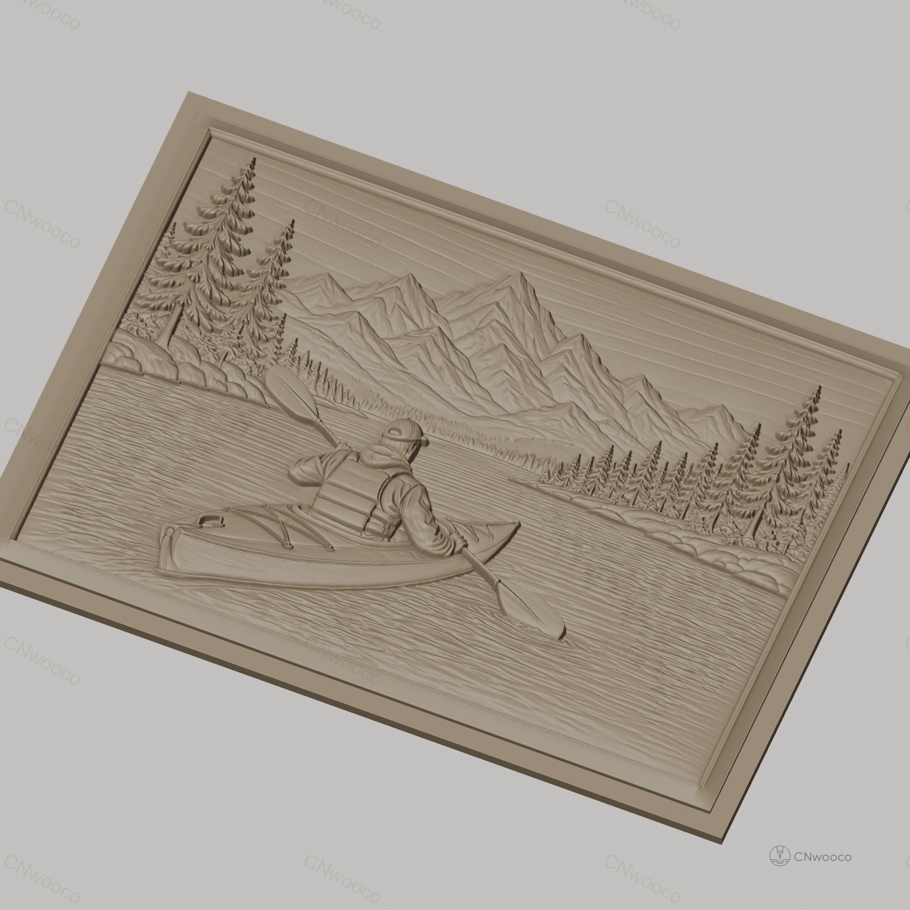 Fichier CNC & impression 3D Kayakiste en rivière, montagnes et pins, haute qualité relief STL
