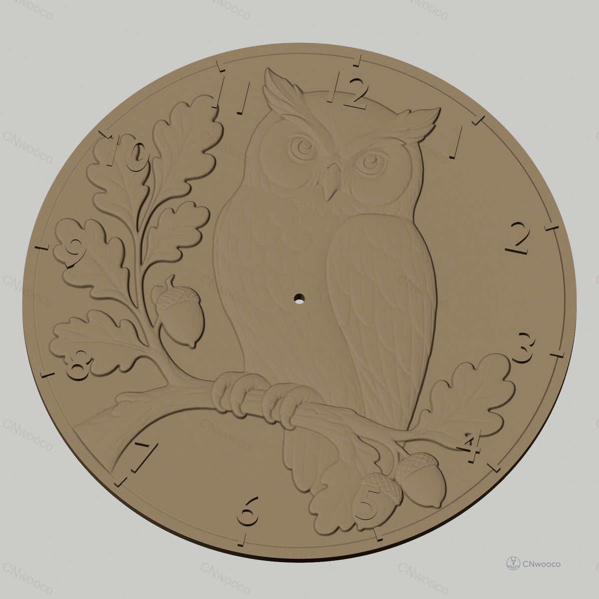 Fichier CNC & impression 3D horloge murale chouette sur branche avec glands et feuilles STL