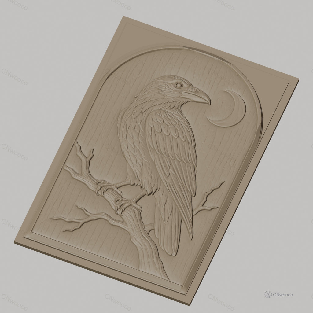 Fichier CNC & impression 3D corbeau sur branche avec lune haute qualité relief STL