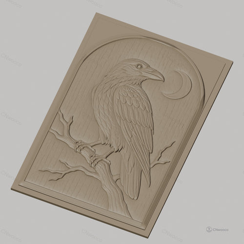 Fichier CNC & impression 3D corbeau sur branche avec lune haute qualité relief STL