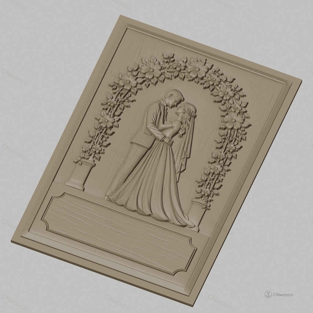 Fichier CNC & impression 3D thème mariage, couple marié sous arche fleurie, haute qualité relief STL