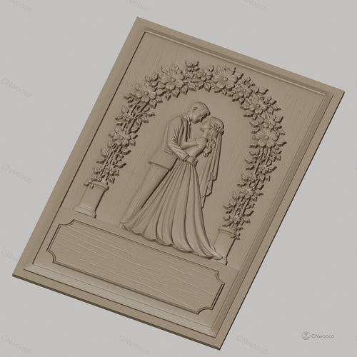 Fichier CNC & impression 3D thème mariage, couple marié sous arche fleurie, haute qualité relief STL