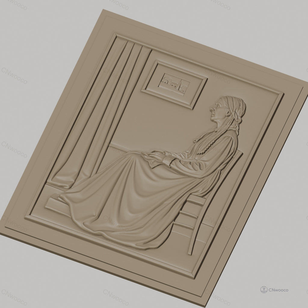 Fichier CNC & impression 3D femme assise robe longue, relief intérieur avec cadre et rideau, haute qualité relief STL