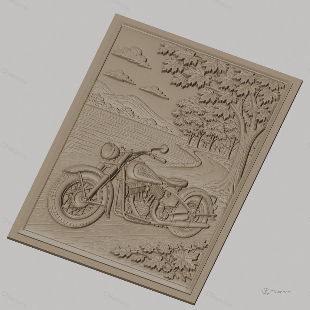 Fichier CNC & impression 3D moto vintage, chemin forestier et lac, haute qualité relief STL