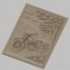 Fichier CNC & impression 3D moto vintage, chemin forestier et lac, haute qualité relief STL