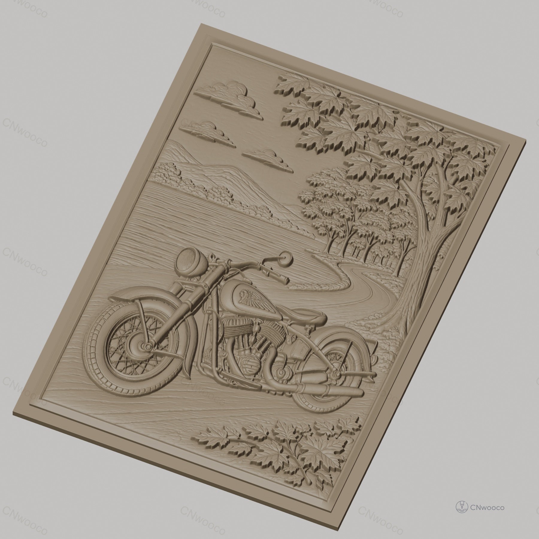 Fichier CNC & impression 3D moto vintage, chemin forestier et lac, haute qualité relief STL