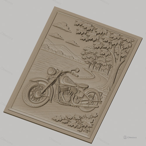 Fichier CNC & impression 3D moto vintage, chemin forestier et lac, haute qualité relief STL