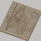 Fichier CNC & impression 3D guerrier romain avec bouclier décoré et lance, château en arrière-plan haute qualité relief STL