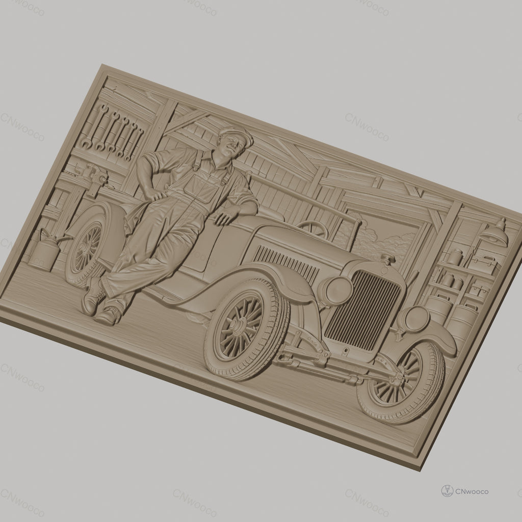 Fichier CNC & impression 3D voiture ancienne et mécanicien dans garage, vitres détaillées, outils muraux, haute qualité relief STL