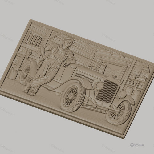 Fichier CNC & impression 3D voiture ancienne et mécanicien dans garage, vitres détaillées, outils muraux, haute qualité relief STL
