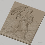 Fichier CNC & impression 3D guerrier mongol, homme en fourrure avec aigle et montagnes, haute qualité relief STL
