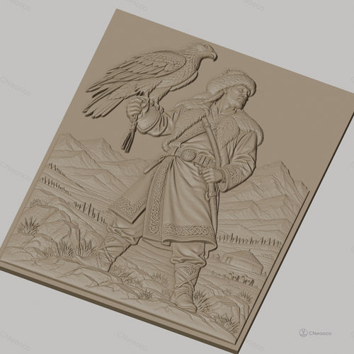 Fichier CNC & impression 3D guerrier mongol, homme en fourrure avec aigle et montagnes, haute qualité relief STL