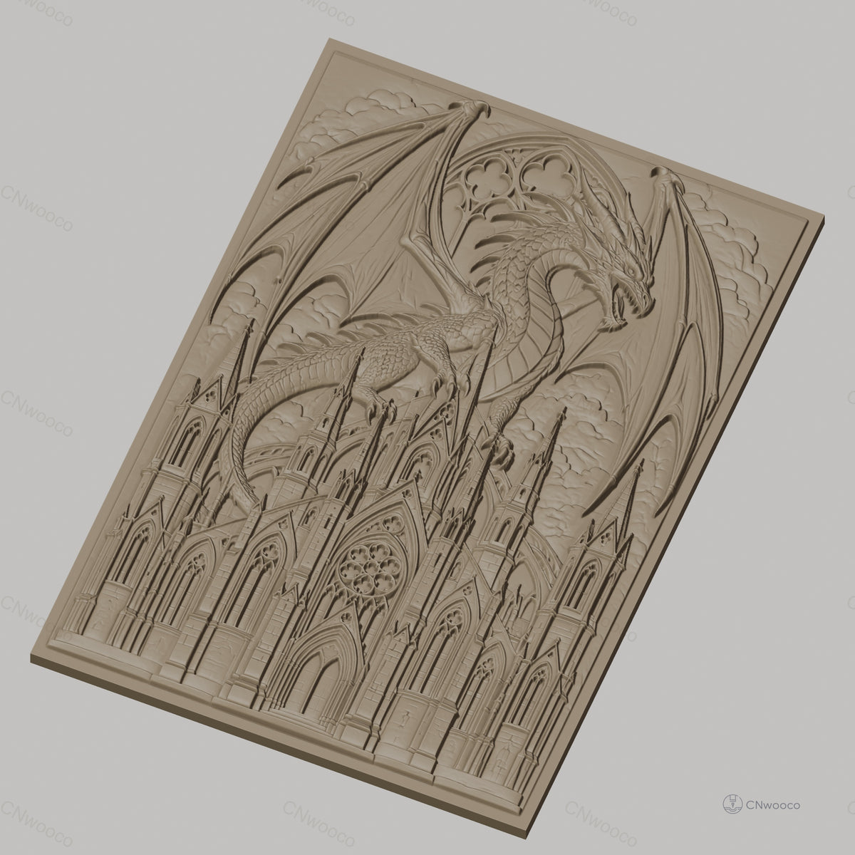 Fichier CNC & impression 3D dragon médiéval, château gothique détaillé, haute qualité relief STL
