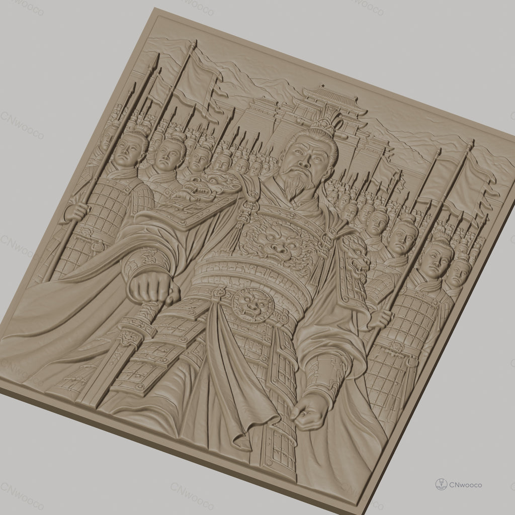 Fichier CNC & impression 3D Empereur chinois avec armée en armure et drapeaux, haute qualité relief STL