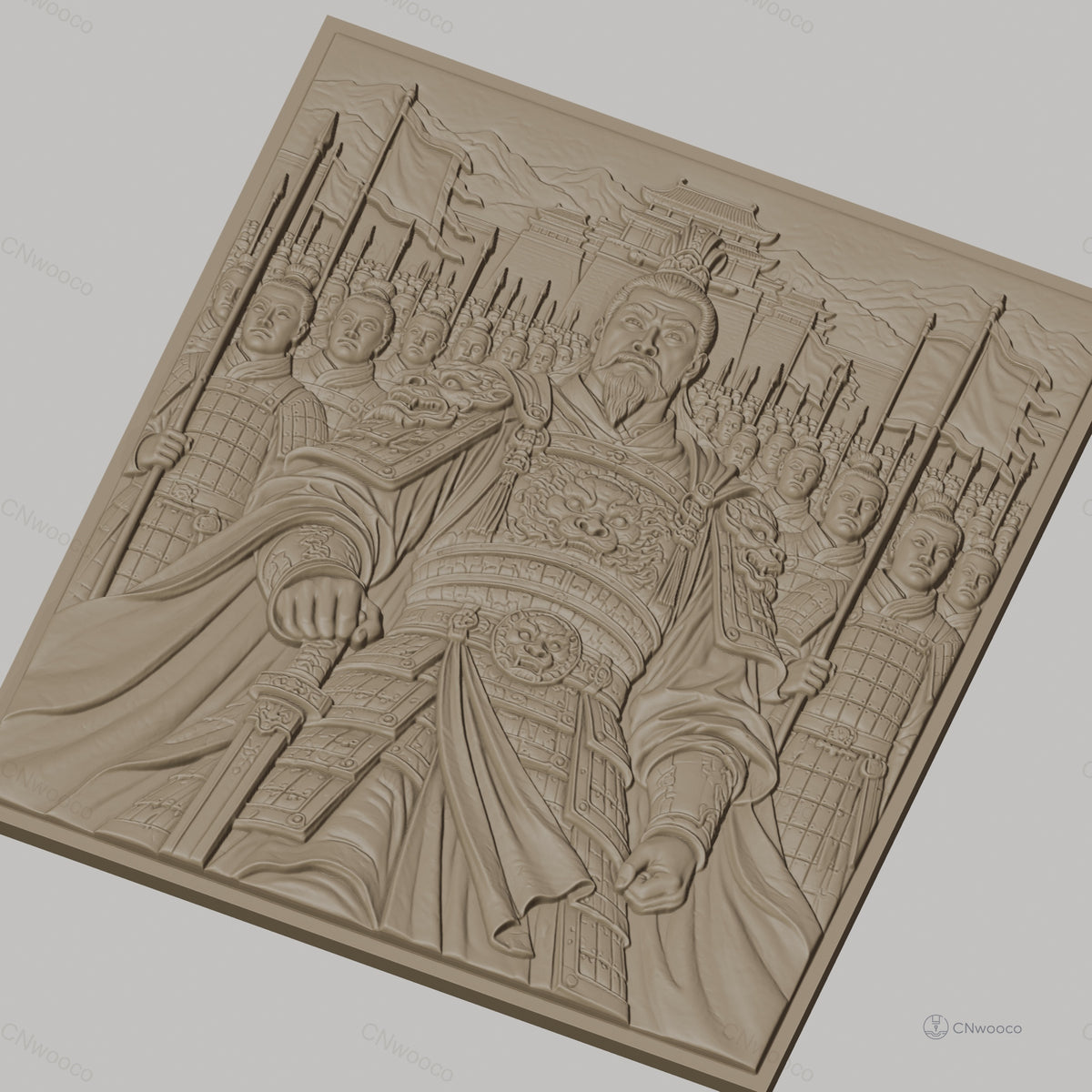 Fichier CNC & impression 3D Empereur chinois avec armée en armure et drapeaux, haute qualité relief STL