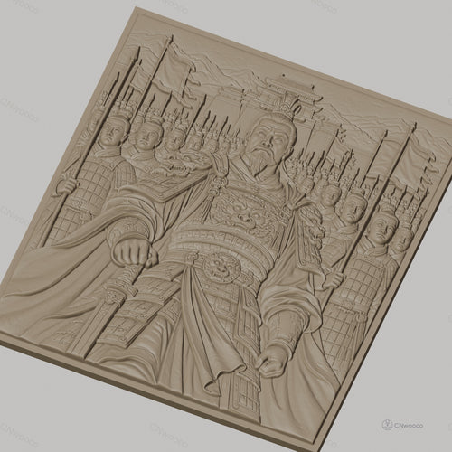 Fichier CNC & impression 3D Empereur chinois avec armée en armure et drapeaux, haute qualité relief STL