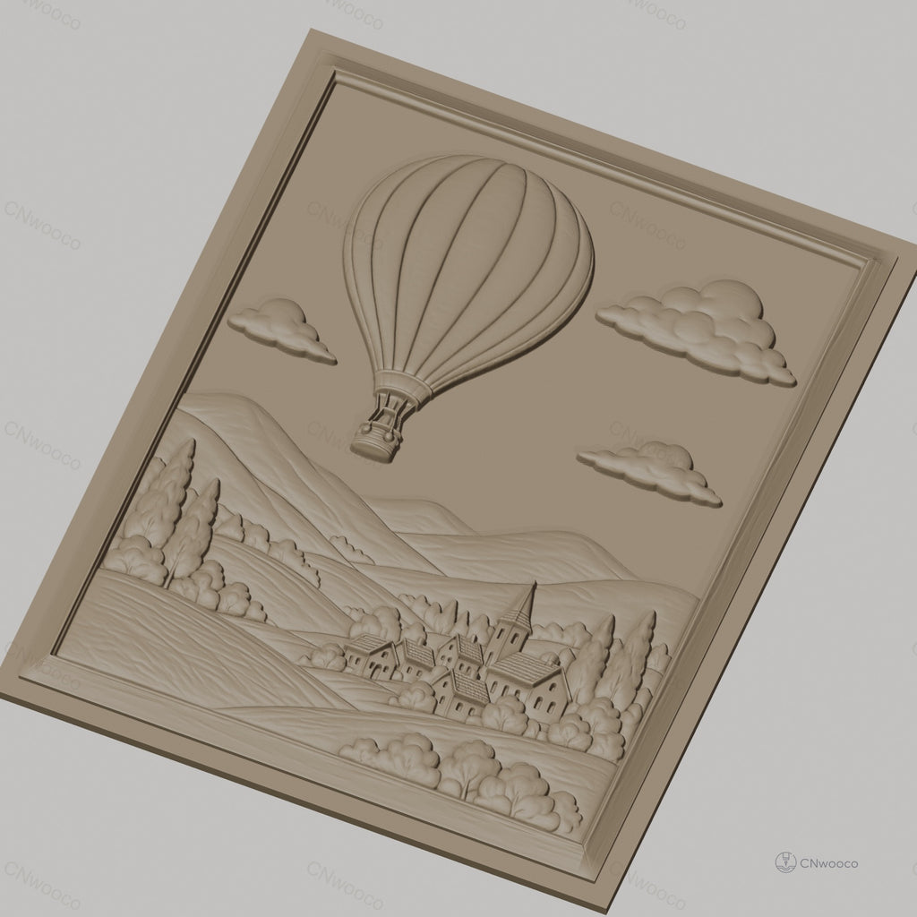 Fichier CNC & impression 3D montgolfière, village, collines, nuages, haute qualité relief STL