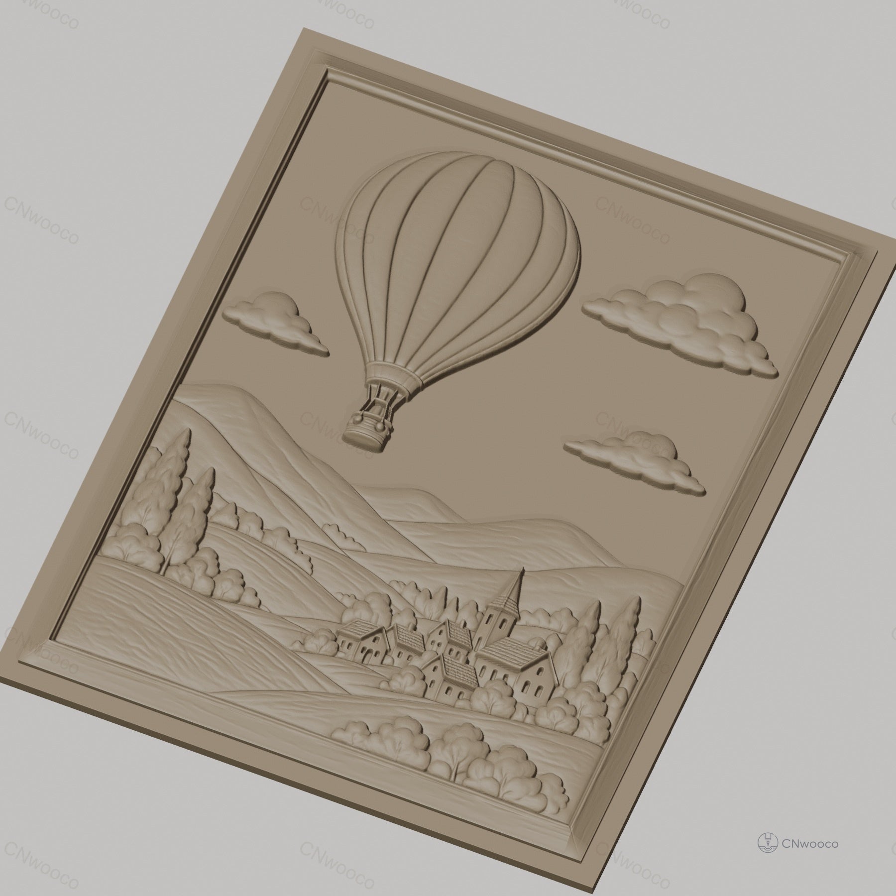 Fichier CNC & impression 3D montgolfière, village, collines, nuages, haute qualité relief STL