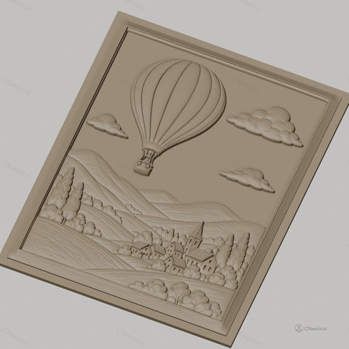 Fichier CNC & impression 3D montgolfière, village, collines, nuages, haute qualité relief STL
