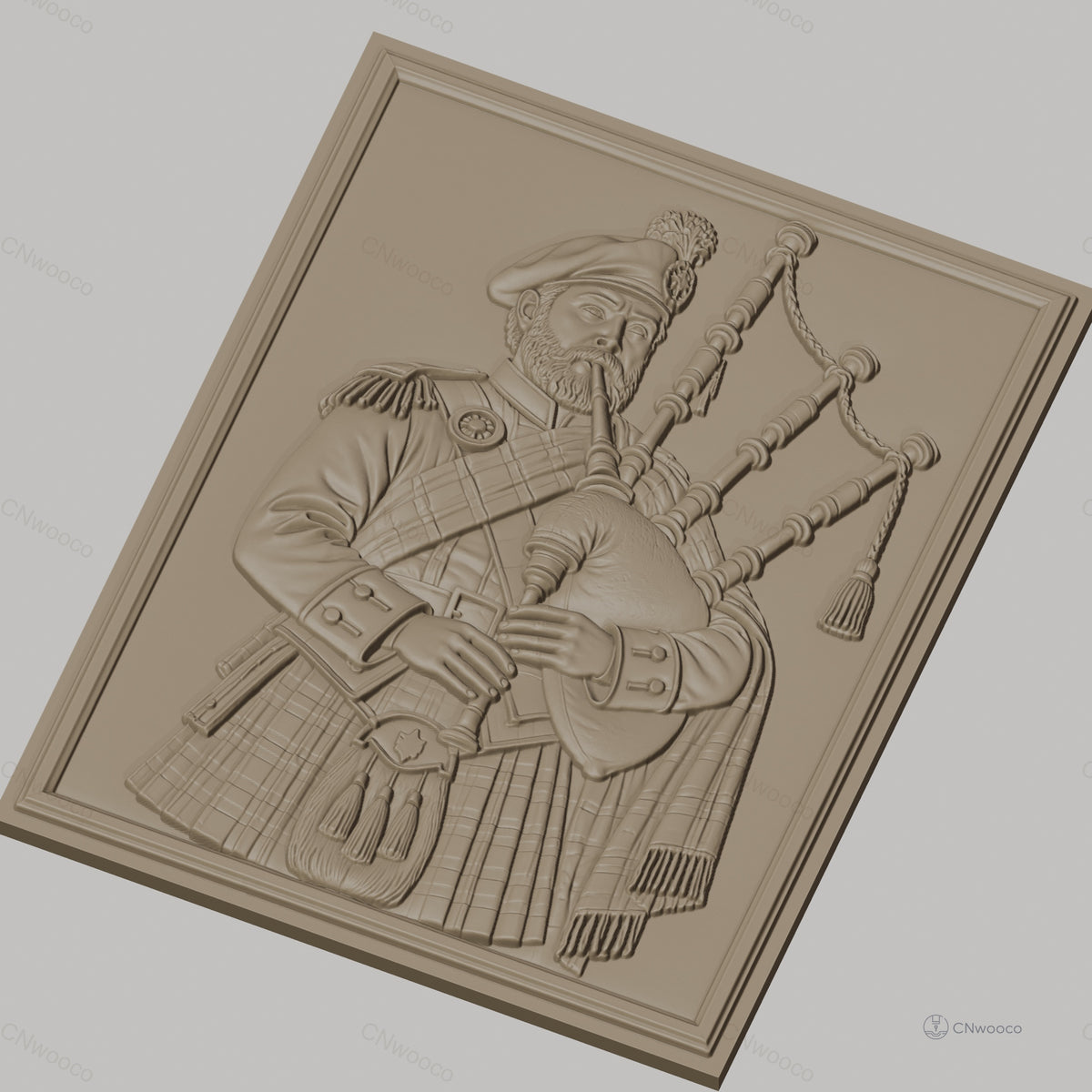 Fichier CNC & impression 3D joueur de cornemuse écossais, costume traditionnel, relief détaillé, haute qualité relief STL
