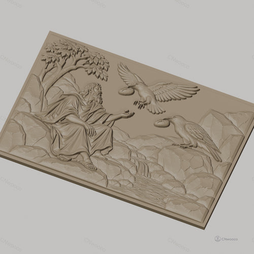 Fichier CNC & impression 3D scène biblique avec homme, corbeaux, rivière et rochers, haute qualité relief STL